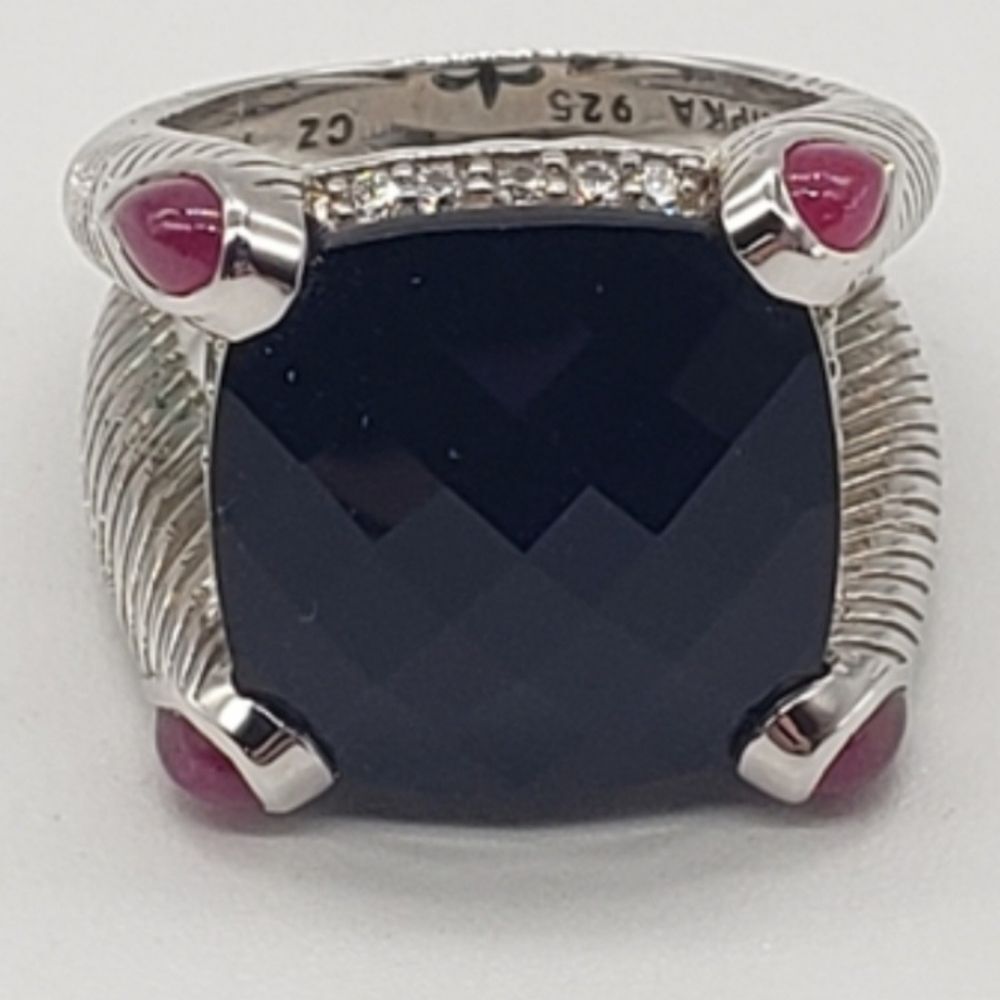 JUDITH RIPKA SQUARE BLACK FACETED ONYX GEM WITH RUBY ACCENTS - Picture 3 of 6